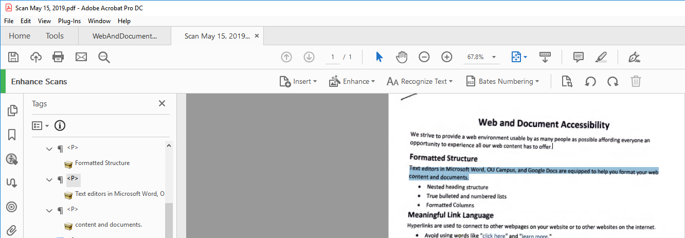 Tags Pane and document with Tag and Text selected.