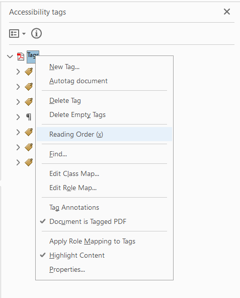 Screenshot of the Adobe Acrobat Tag's Tree with Tags tag selected and Reading order highlighted in the menu
