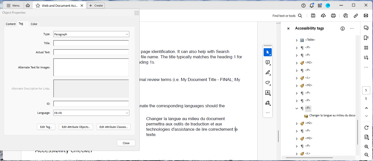 The object properties dialog open with language changes to corresponding language in document. In this case French.