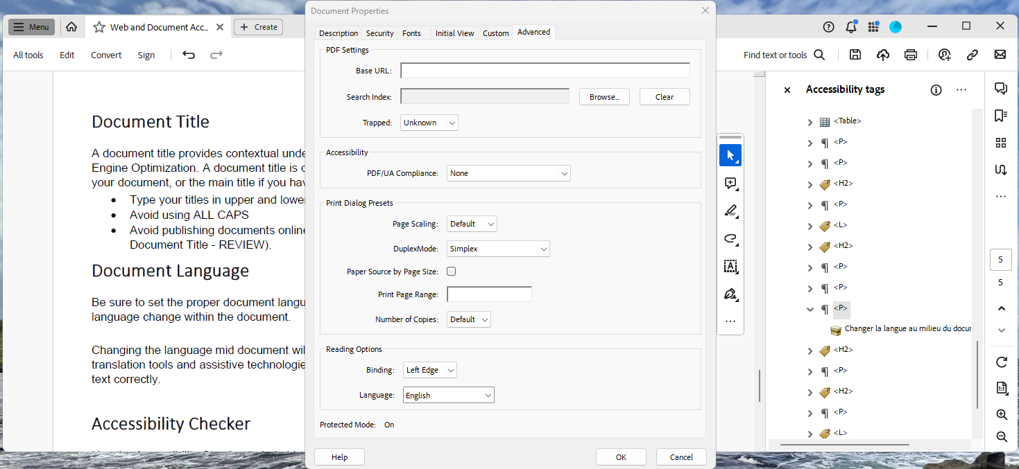 Screenshot of the Document Properties dialog with default language set to English.