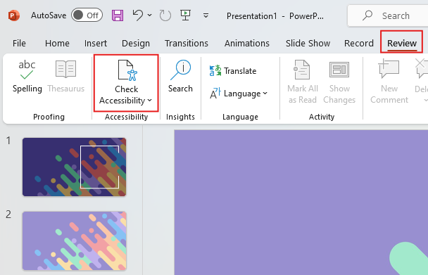 Screenshot of Power Point with Check Accessibility Selected