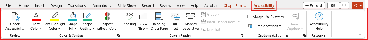 Screenshot of the Accessibility Ribbon on Microsoft PowerPoint