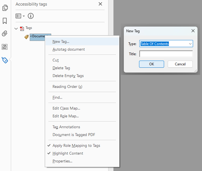 Screenshot of Table of Contents Dialog on Adobe Acrobat