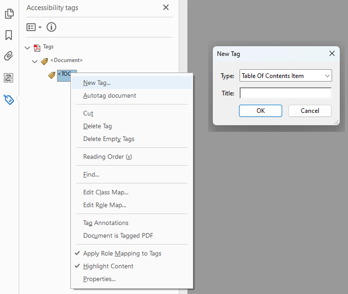 Screenshot of Table of Contents Item Dialog on Adobe Acrobat