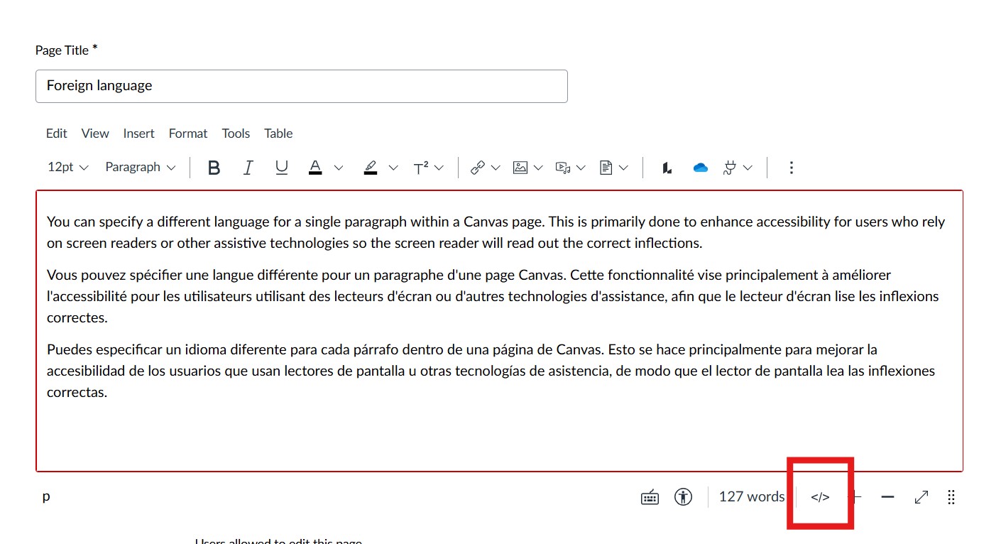 Screenshot of Canvas Editor with HTML icon highlighed.