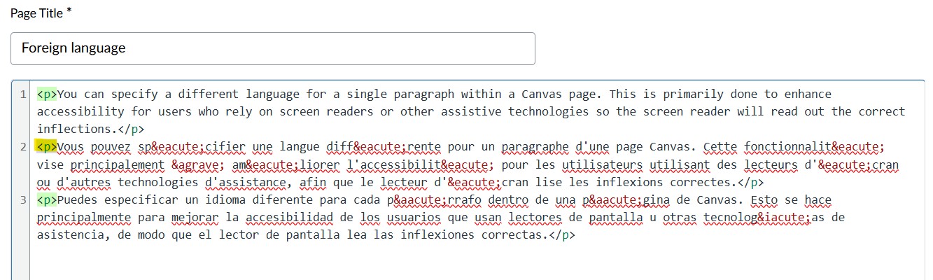 Screenshot of HTML code with P tag highlighted for French language section.