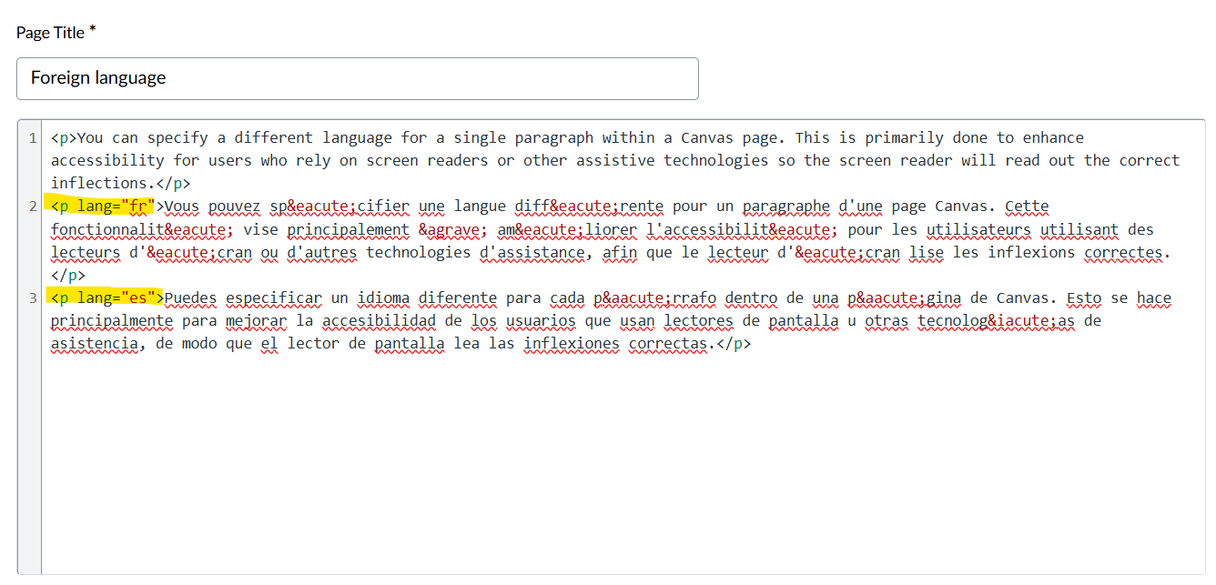 Screenshot of HTML with French and Spanish Language attributes.