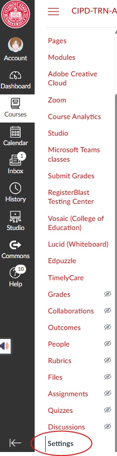 Screenshot of Canvas Course Navigation with Setting link circled in red.
