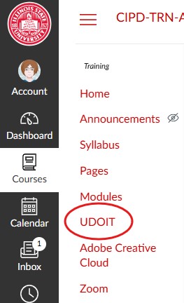 Screenshot of the Navigation screen with arrows pointing to the UDOIT option and the Save Button.