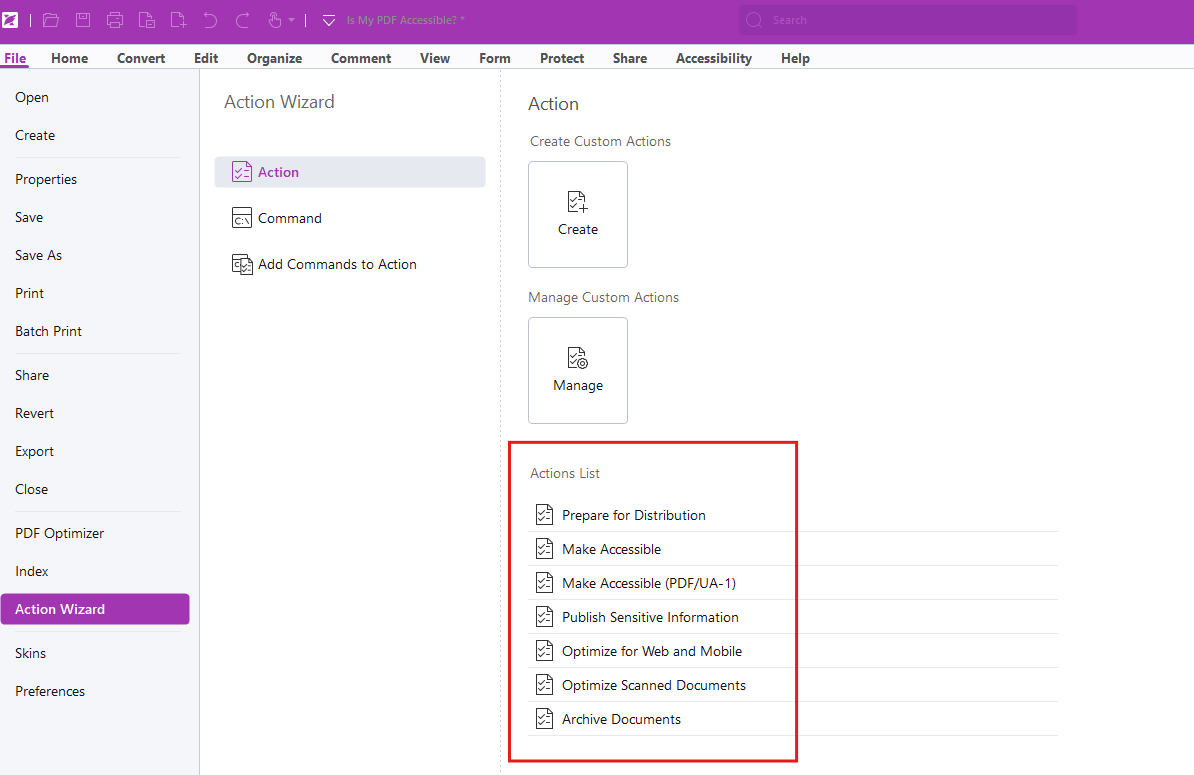 Screenshot of a software interface showing an Action Wizard panel with options to create and manage custom actions. A highlighted Actions List includes tasks such as Prepare for Distribution, Make Accessible, Publish Sensitive Information, Optimize for Web and Mobile, and Archive Documents.