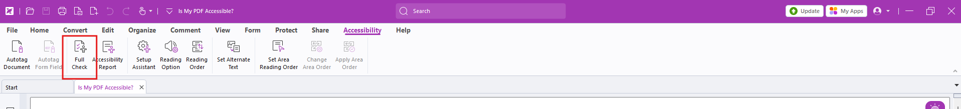 Screeshot of Foxit Accessibility Tab with Full Check highlighted.