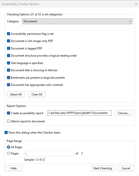 Screenshot of Accessibility Checker Options dialog box showing settings for document accessibility verification. Options include checking accessibility permission, tagged PDF status, logical reading order, text language specification, document title display, bookmarks presence, and color contrast, with report creation path and page range selection visible.