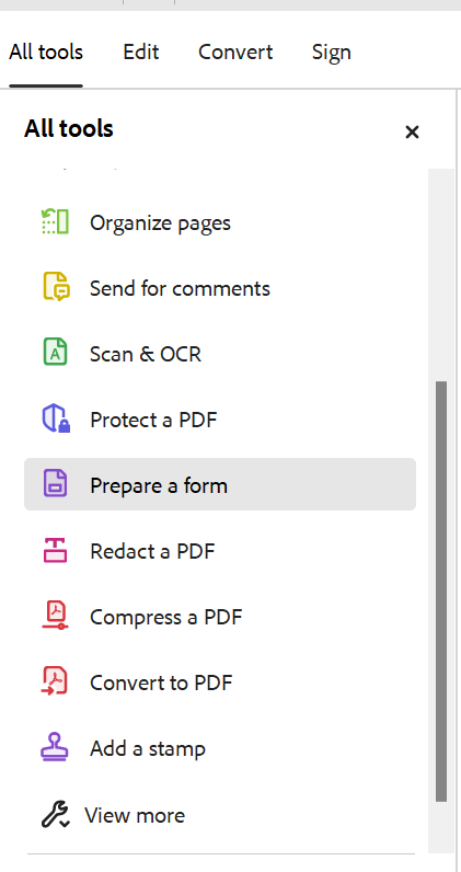 All Tools menu with Prepare a form selected.
