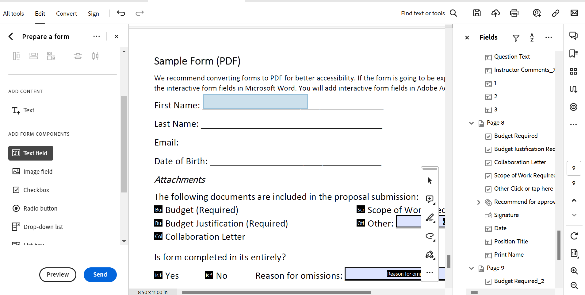 Screenshot of Acrobat with text form component aligned over the document.