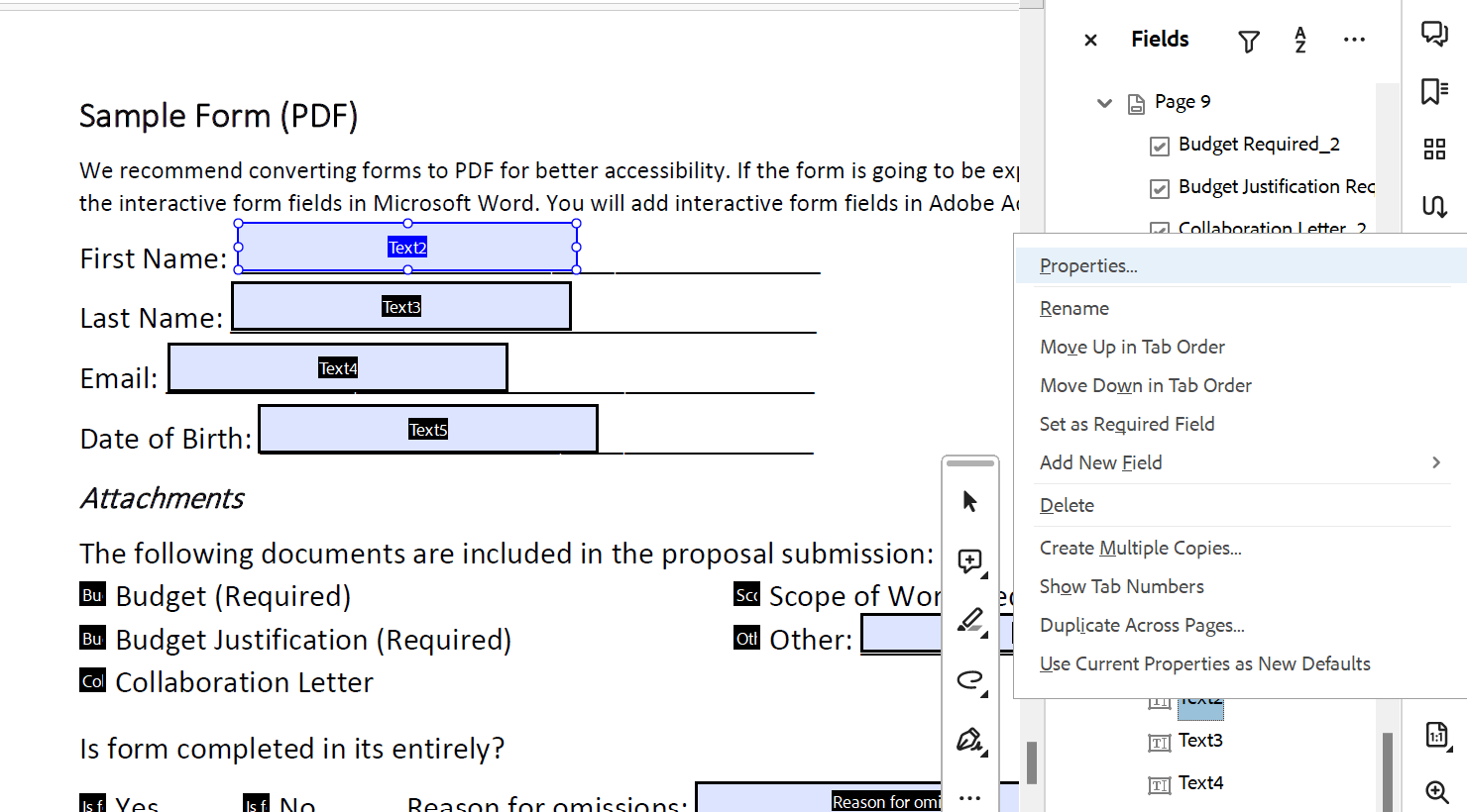 Screenshot of form with properties option highlighted