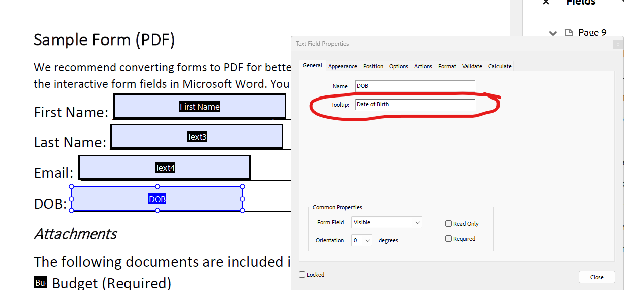 Screenshot of Form with Field Properties dialog open and the Tooltip is circled.