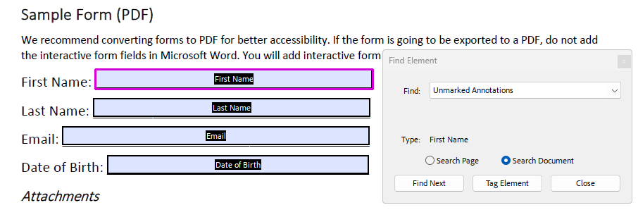 Screenshot of document with Find Element dialog box open with type changed to Middle Initial1 and the Middle Initial Form control is highlighted.