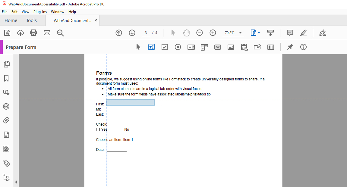 Screenshot of Acrobat Pro with Form Field Toll aligned over the document.