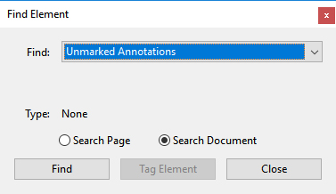 Screenshot of Find Element dialog box with Unmarked annotations selected and Search Document radio button selected.