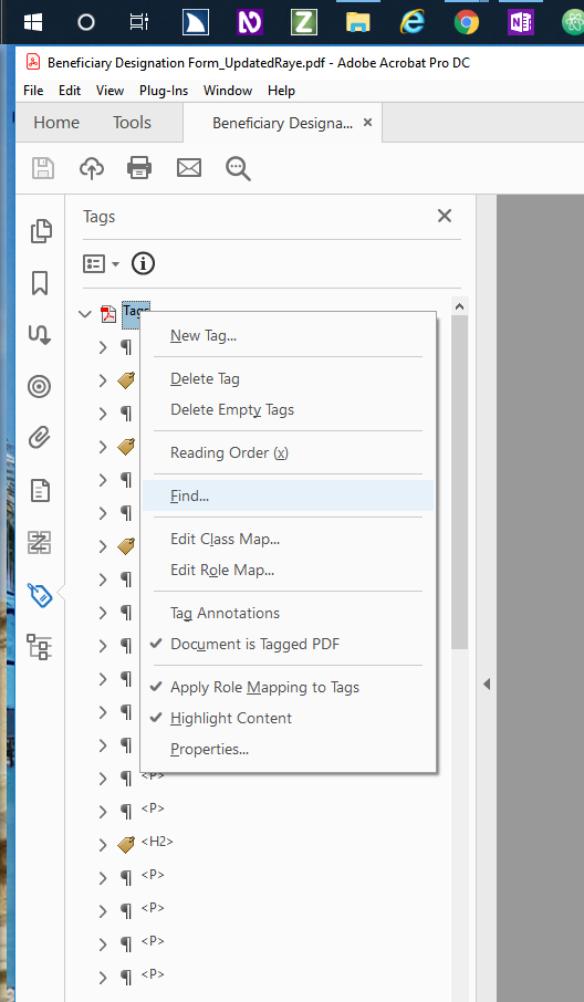 Screenshot of Tags Pane with Tags selected and Find selected from list of options.