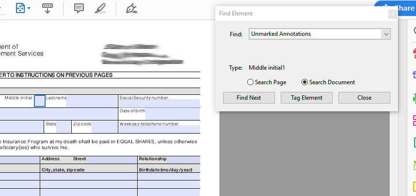 Screenshot of document with Find Element dialog box open with type changed to Middle Initial1 and the Middle Initial Form control is highlighted.