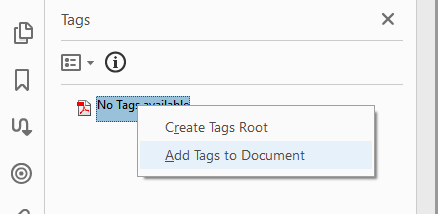 Screenshot of Tags Pane with No Tags Available highlighted and Add Tags to Document selected from list of options.