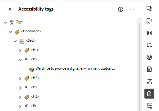 Screenshot of Accessibility Tags tree with tag expanded to show content box.