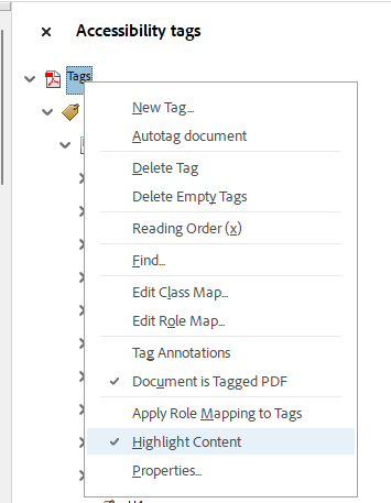 Screenshot of the Tags tree with Tags tag selected, and Highlight Content selected from the menu.