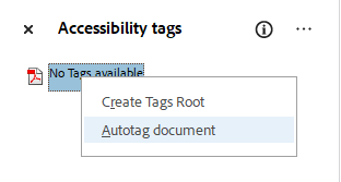 Screenshot of No Tags Available menu open with Autotag document option selected