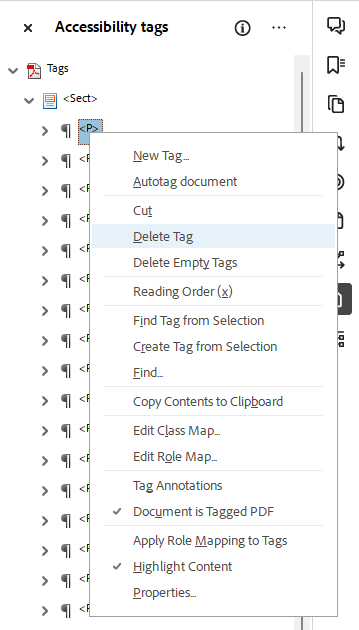 Screenshot of Tags tree with tag selected and Delete Tag highlighted in the menu.