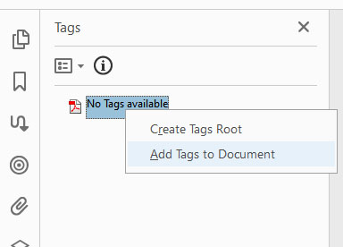 Tag Tree with No Tags Available selected and the Add Tags to Document option selected.