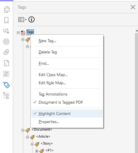 Screenshot of Tags Pane with Tags selected and Highlight Content selected from menu.