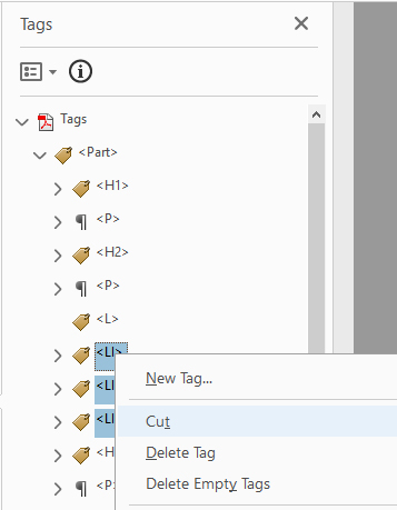 Tags Pane with multiple List Item Tags selected and Cut highlighted in list of options..