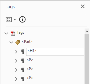 Screenshot of Tags Pane with edit field and H1 in the edit field. 