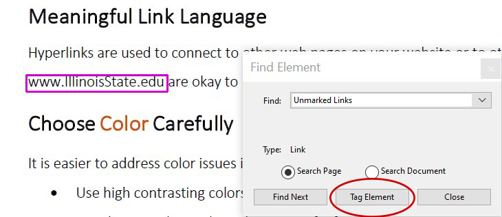 Screenshot of Find Element dialog with Tag Element button circled.