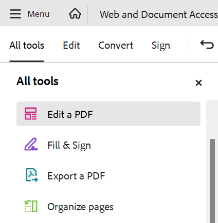 Screenshot of All Tools menu with Edit a Pdf selected.