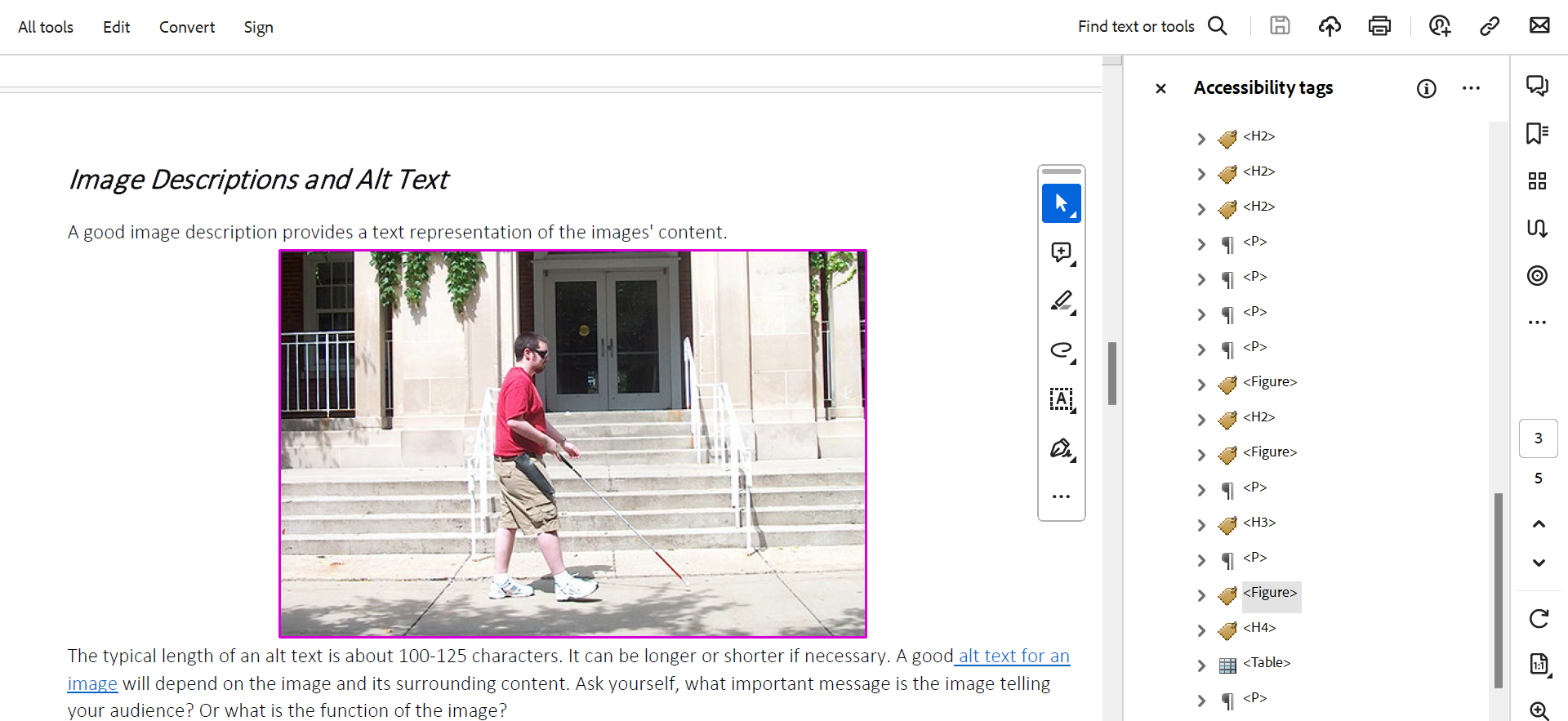 Screenshot of Sample Document in Adobe Acrobat DC with the Tags Panel open and an image of a person with a white cane walking in front of a buildings selected.