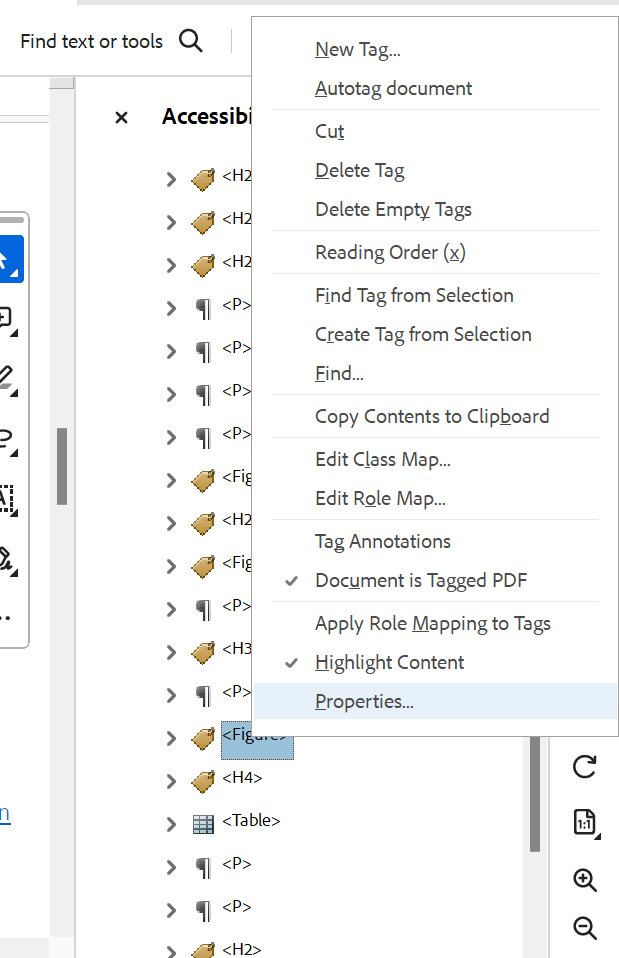 Screenshot of Tags Panel with Figure selected and Properties selected in menux.