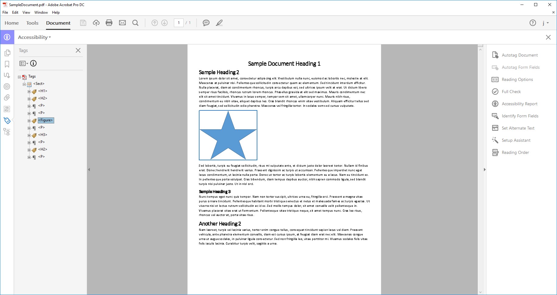 Screenshot of Sample Document in Adobe Acrobat DC with the Tags Panel open and an image of a star selected.