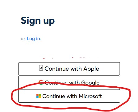 Screenshot of the Otter Sign up scree with options to Continue with Apple, Continue with Google, or Continue with Microsoft. The Continue with Microsoft link is circled in Red,
