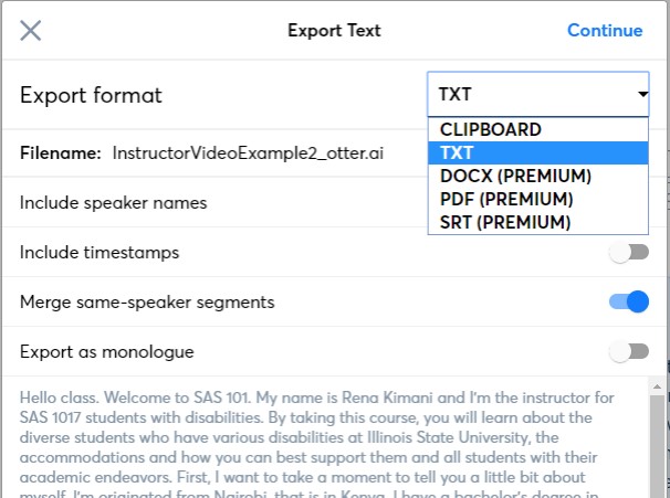 Screenshot of Export Text dialog with the TXT (text) file option selected.