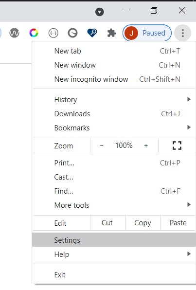 Screenshot of Chrome menu with Settings highlighted.