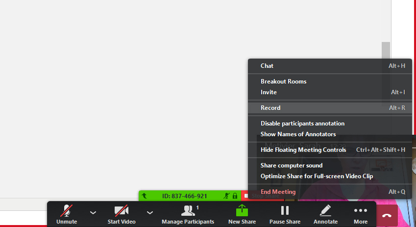 Screenshot of the Zoom Menu Options with the Record options selected.