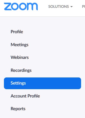 Screenshot of Zoom options with Settings option selected.