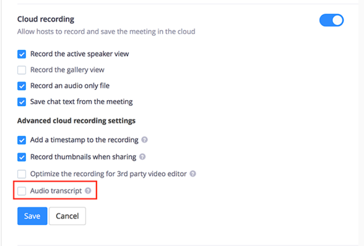 Screenshot of the Advanced Cloud Recording options with Audio Transcript check box highlighted.