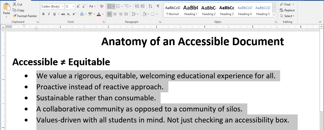 Screenshot of Microsoft Word  with text selected and the bulleted list button selected.