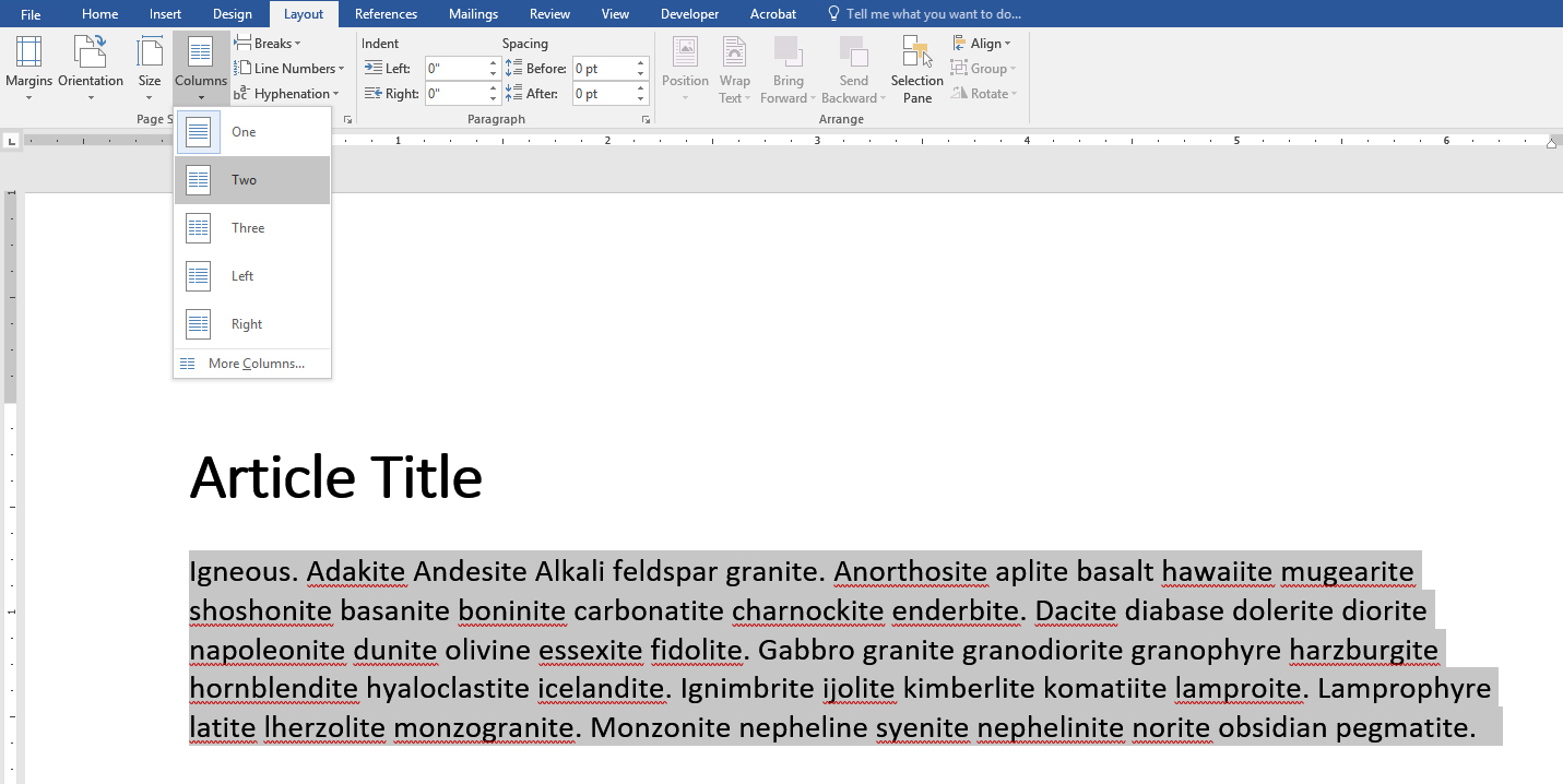 Screenshot of Microsoft Word with text selected and two column option selected.