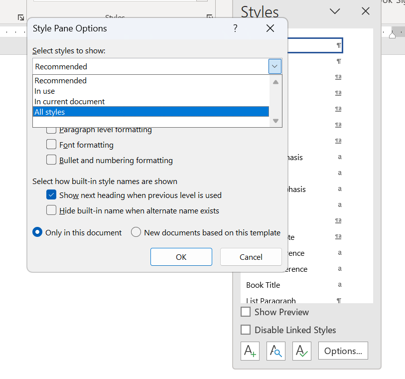 Screenshot of Style Pane Options dialog box with All Styles selected from Select Styles to show drop-down.