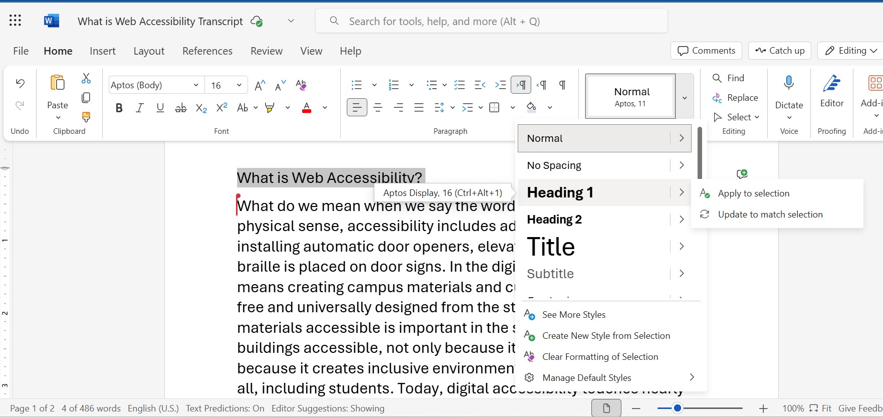 Screenshot of th Word for Web with heading style drop down open
