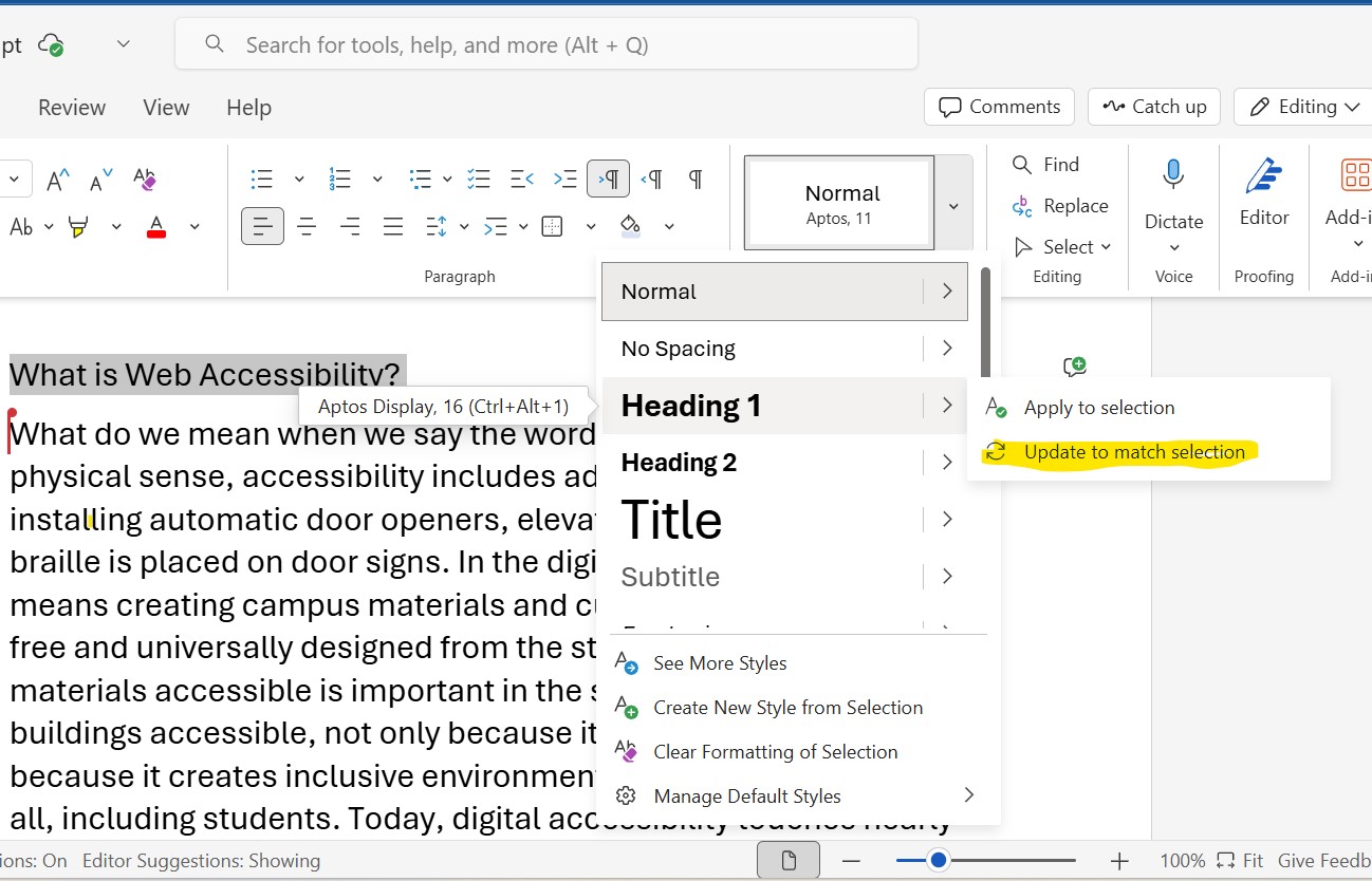 screenshot of styles menu with Update to Match selection highlighted